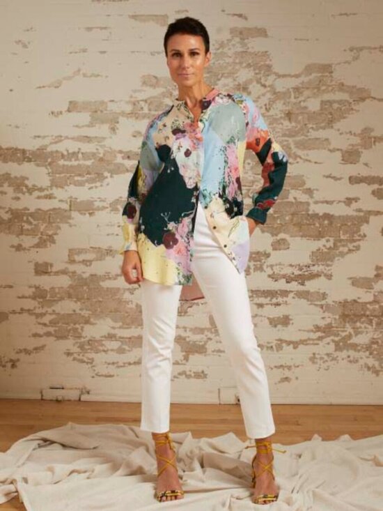 Coster Copenhagen Tops - COSTER COPENHAGEN Flamingo Flower Cupro Twill Button Down Tunic Shirt, Size 36/S